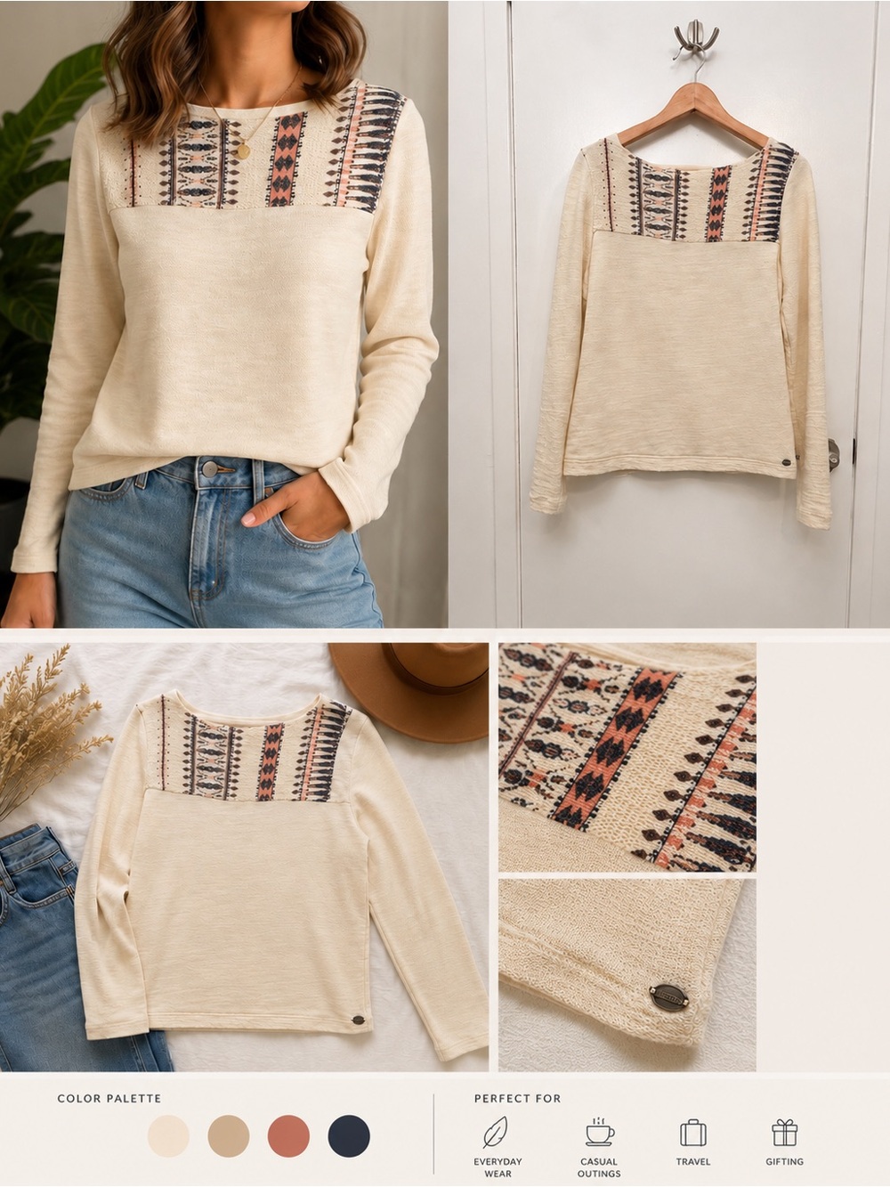 Roxy Cream Crewneck Sweater with Navy & Rust Printed Yoke | Women’s Long Sleeve